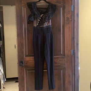 Self-Portrait Black Eyelet Lace Jumpsuit with Sheer Bodice